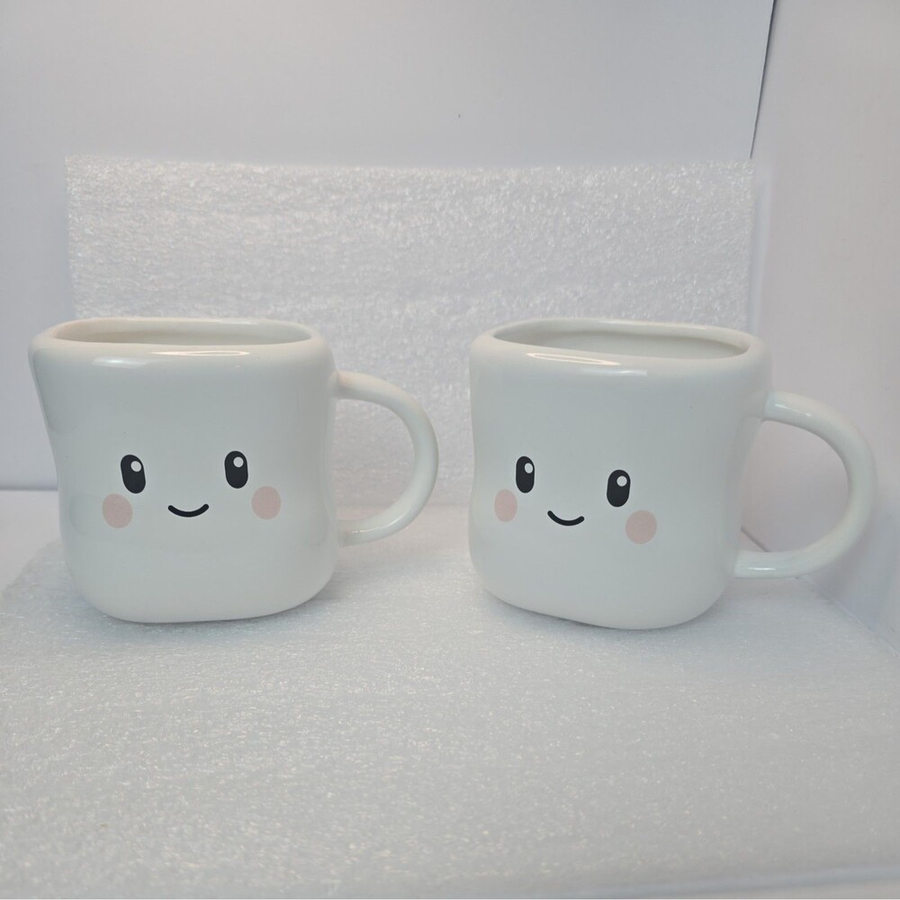 Set of 2 Cute White Smiley Face Ceramic Mugs Kawaii Coffee Tea Cups Pink Cheeks